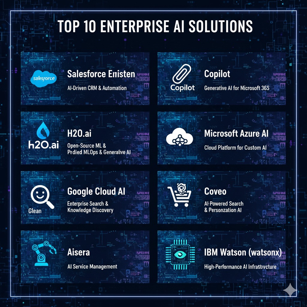 Icons show top 10 AI solutions for businesses