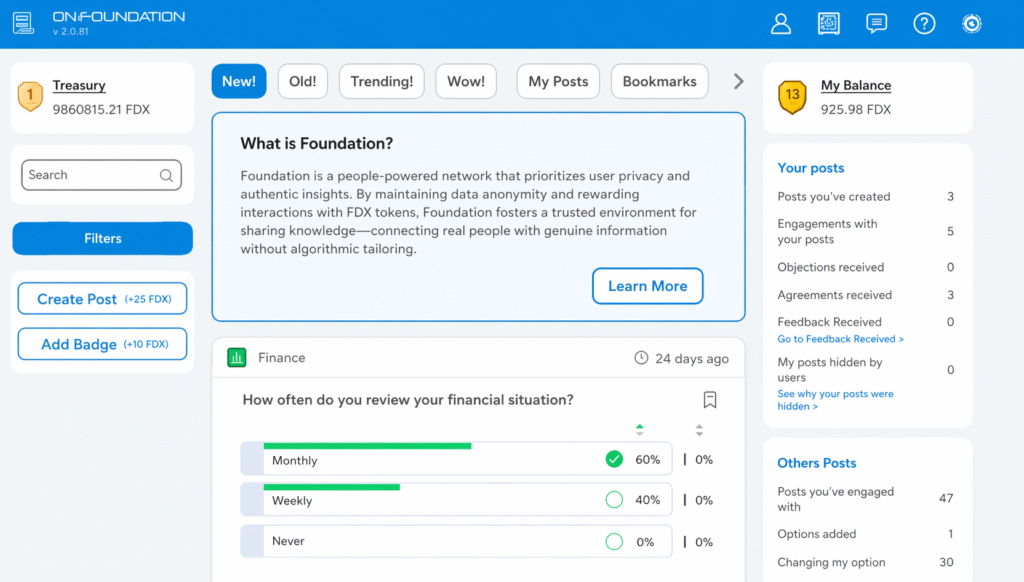 Clean dashboard with social:finance features