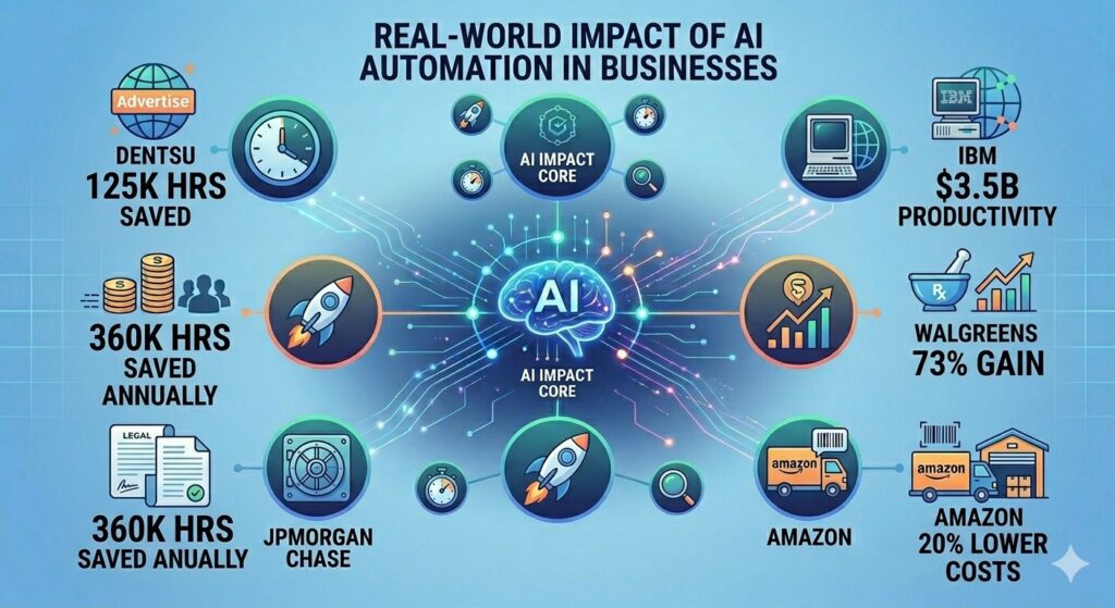 Illustration depicting intelligent automation improving business operations with charts, AI agents, and workflow icons.